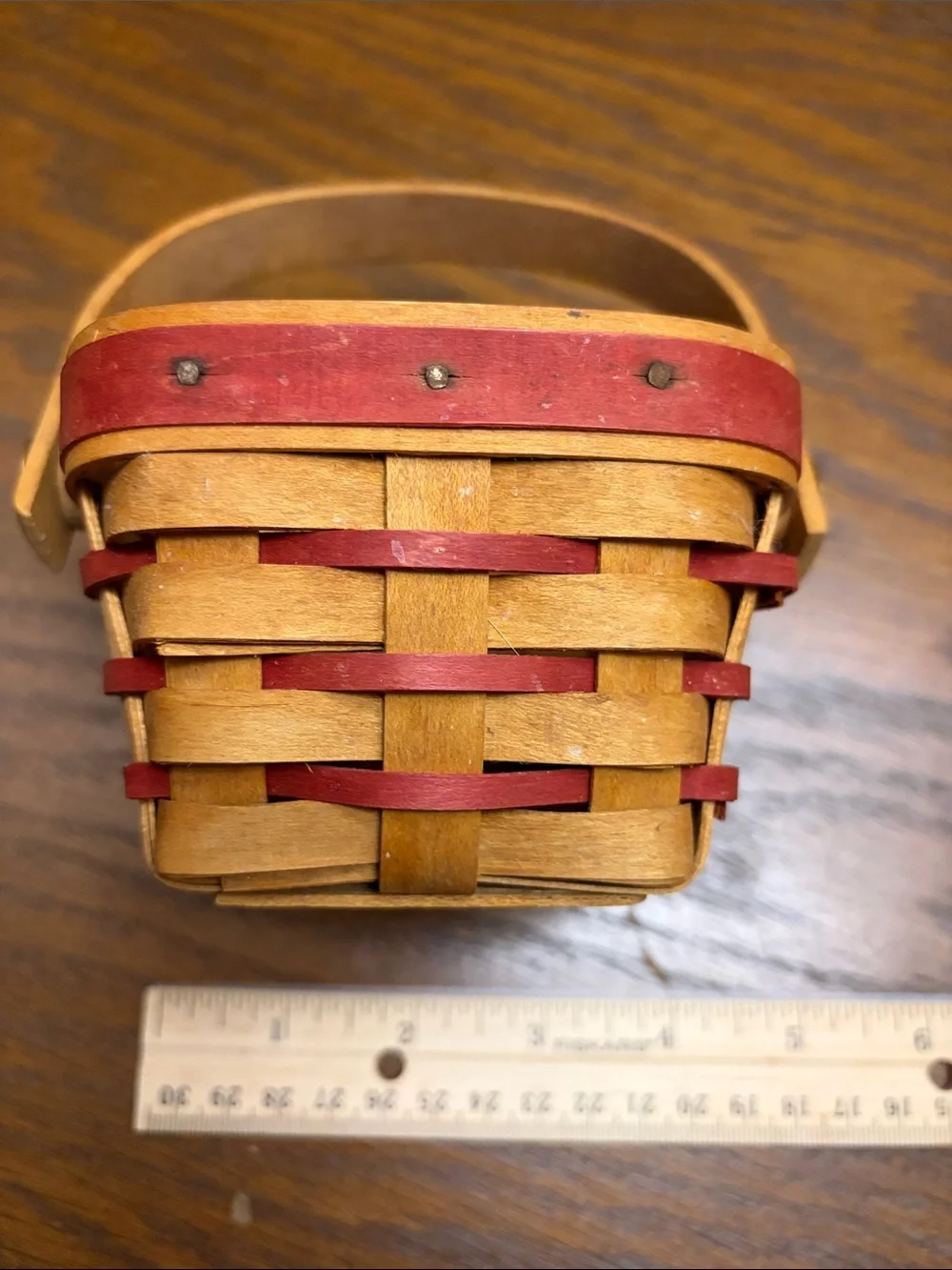 Handwoven Small Longaberger Basket with Handle - Natural Wood and Red Accent